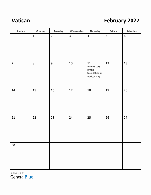 February 2027 Calendar with Vatican Holidays