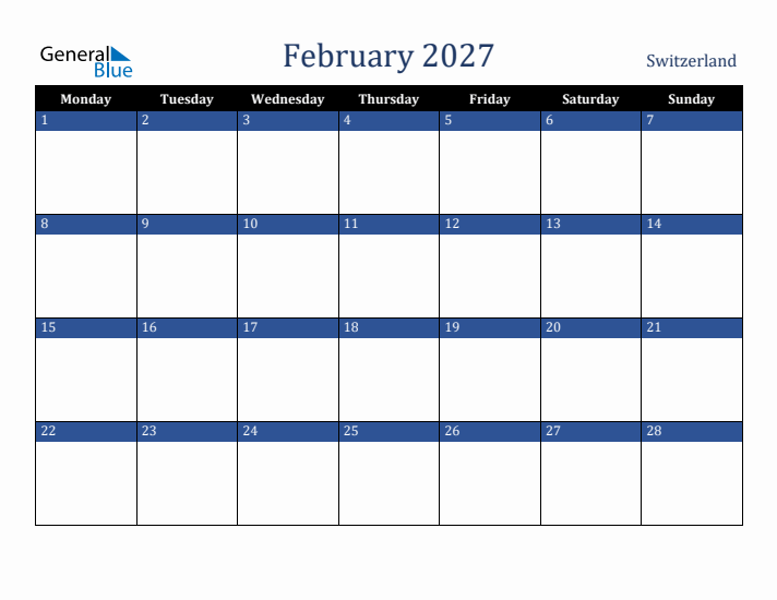 February 2027 Switzerland Calendar (Monday Start)