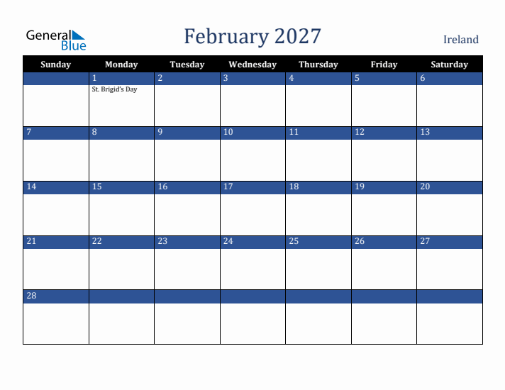 February 2027 Ireland Calendar (Sunday Start)