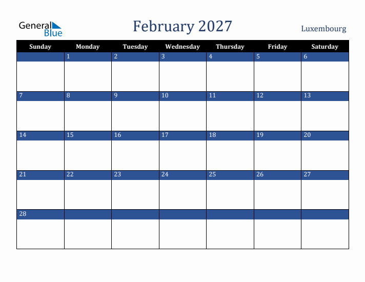 February 2027 Luxembourg Calendar (Sunday Start)