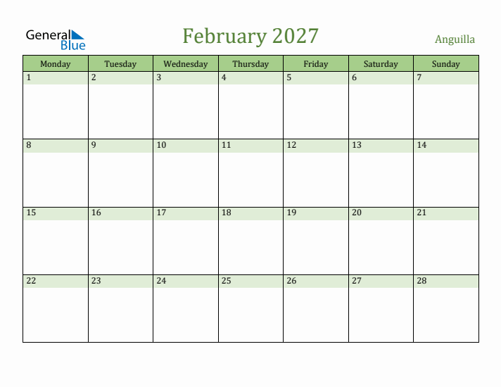 February 2027 Calendar with Anguilla Holidays