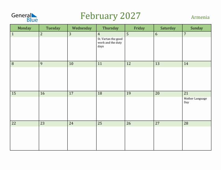 February 2027 Calendar with Armenia Holidays