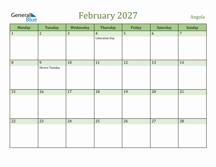 February 2027 Calendar with Angola Holidays