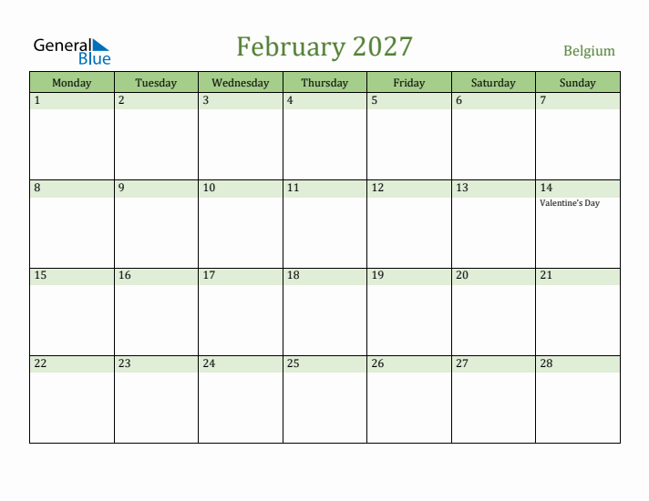 February 2027 Calendar with Belgium Holidays