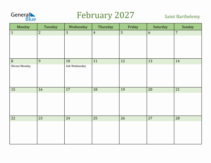 February 2027 Calendar with Saint Barthelemy Holidays