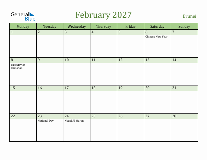 February 2027 Calendar with Brunei Holidays