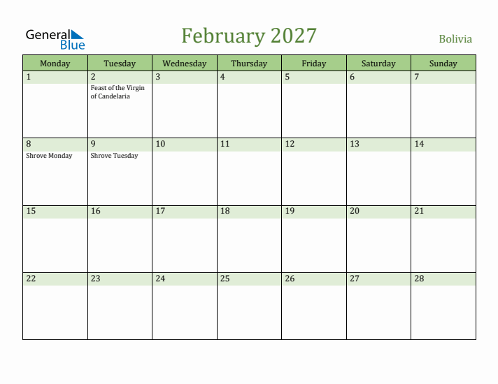 February 2027 Calendar with Bolivia Holidays