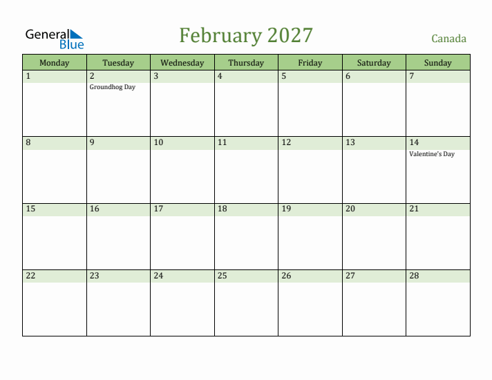 February 2027 Calendar with Canada Holidays