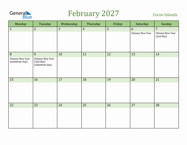 February 2027 Calendar with Cocos Islands Holidays