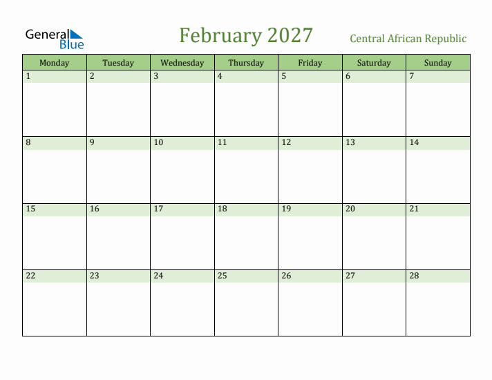 February 2027 Calendar with Central African Republic Holidays