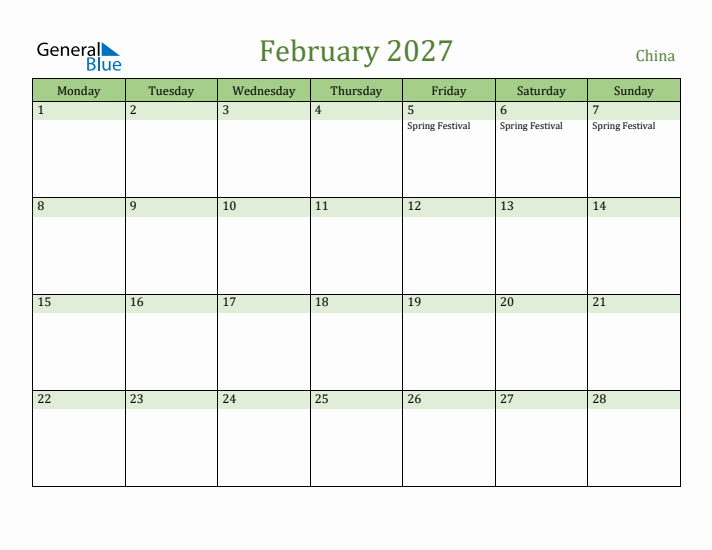 February 2027 Calendar with China Holidays