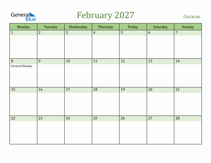 February 2027 Calendar with Curacao Holidays