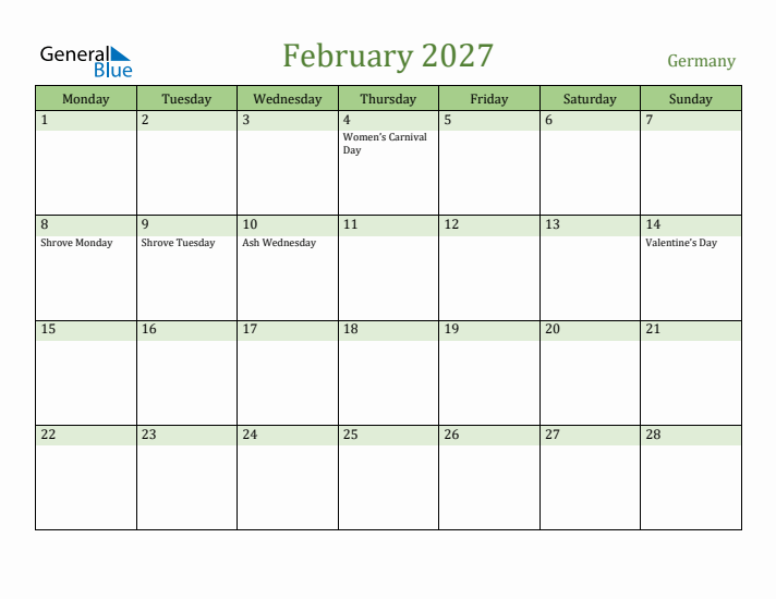 February 2027 Calendar with Germany Holidays