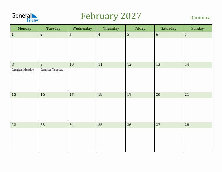 February 2027 Calendar with Dominica Holidays