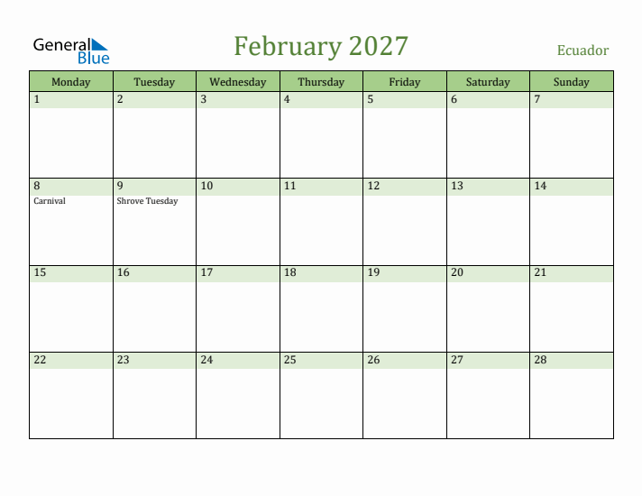 February 2027 Calendar with Ecuador Holidays