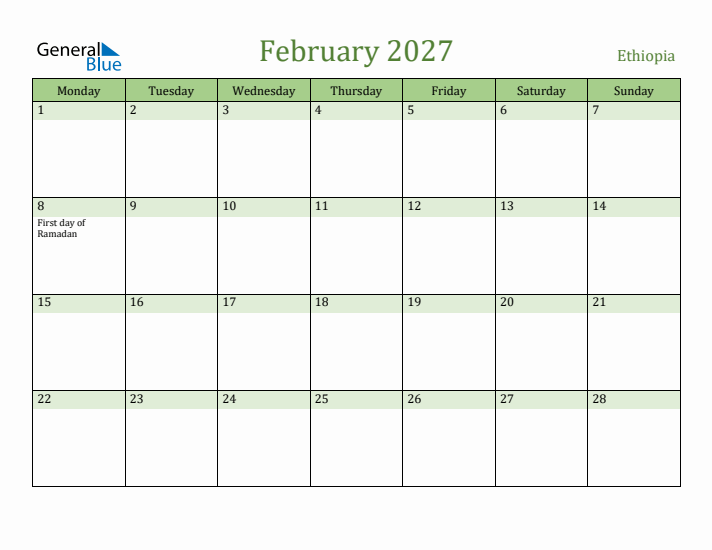 February 2027 Calendar with Ethiopia Holidays