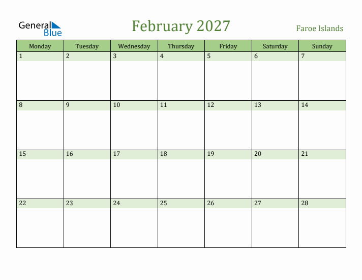 February 2027 Calendar with Faroe Islands Holidays