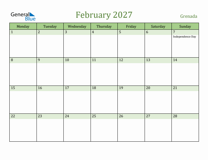 February 2027 Calendar with Grenada Holidays