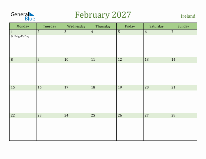 February 2027 Calendar with Ireland Holidays