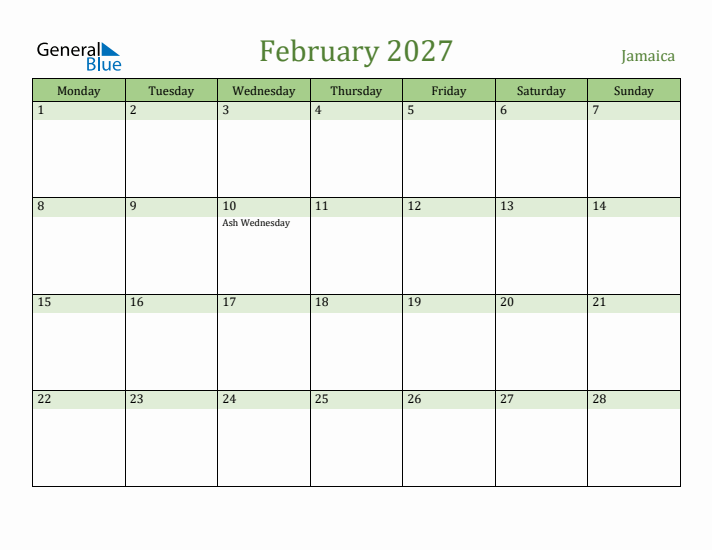 February 2027 Calendar with Jamaica Holidays