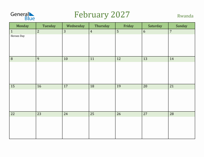 February 2027 Calendar with Rwanda Holidays