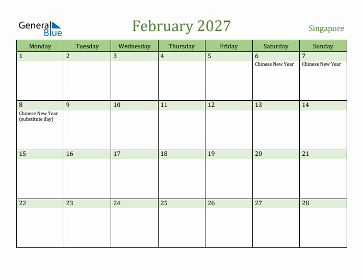 February 2027 Calendar with Singapore Holidays