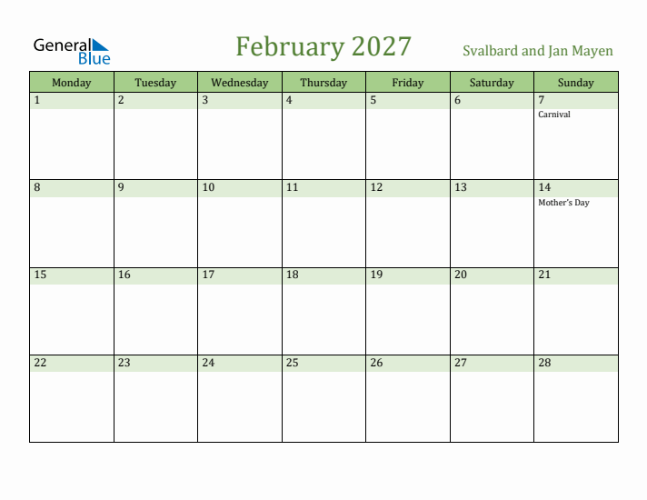 February 2027 Calendar with Svalbard and Jan Mayen Holidays