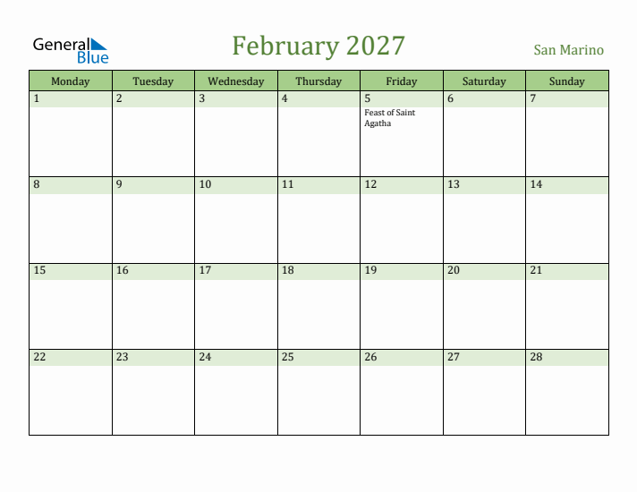 February 2027 Calendar with San Marino Holidays