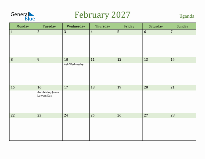 February 2027 Calendar with Uganda Holidays