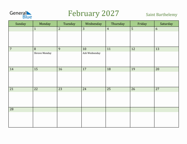 February 2027 Calendar with Saint Barthelemy Holidays