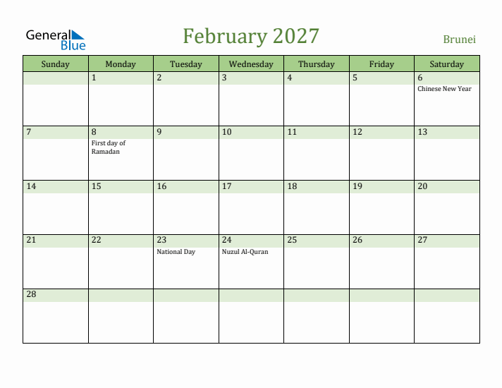 February 2027 Calendar with Brunei Holidays