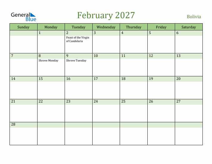 February 2027 Calendar with Bolivia Holidays