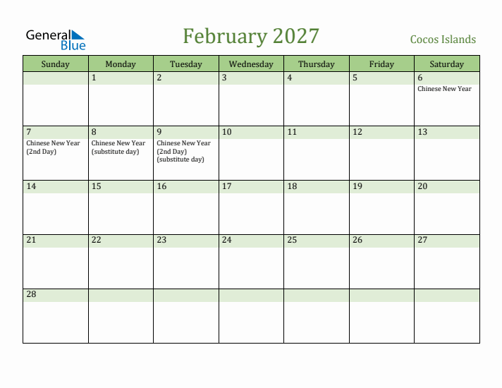 February 2027 Calendar with Cocos Islands Holidays