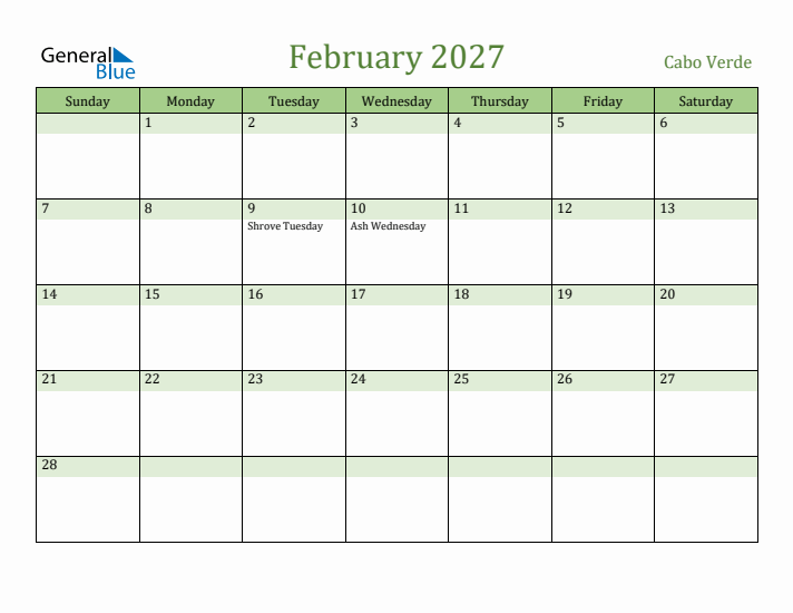 February 2027 Calendar with Cabo Verde Holidays