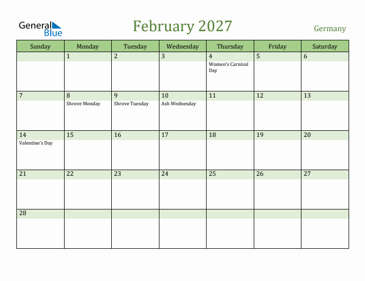 February 2027 Calendar with Germany Holidays