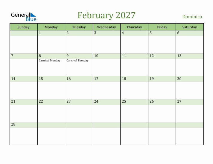 February 2027 Calendar with Dominica Holidays