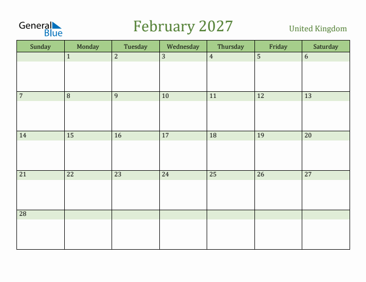 February 2027 Calendar with United Kingdom Holidays