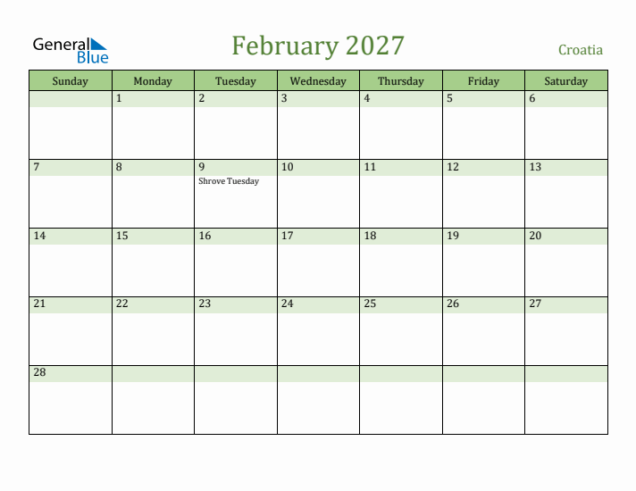 February 2027 Calendar with Croatia Holidays