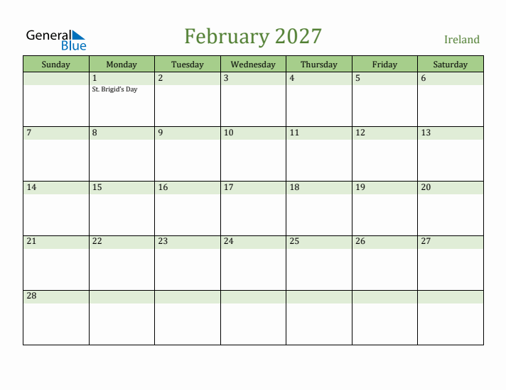 February 2027 Calendar with Ireland Holidays