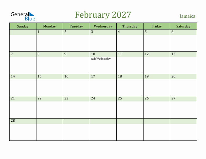 February 2027 Calendar with Jamaica Holidays