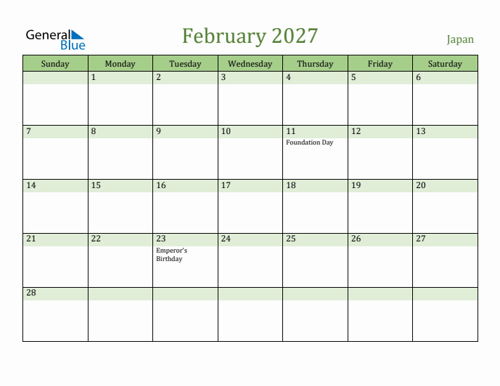 February 2027 Calendar with Japan Holidays