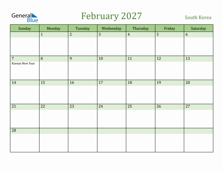 February 2027 Calendar with South Korea Holidays