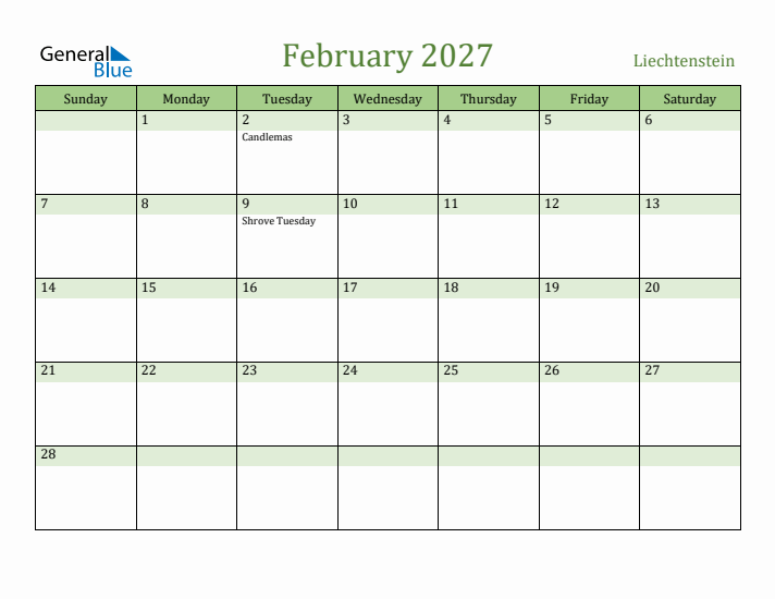 February 2027 Calendar with Liechtenstein Holidays