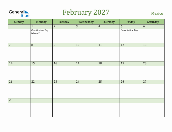 February 2027 Calendar with Mexico Holidays