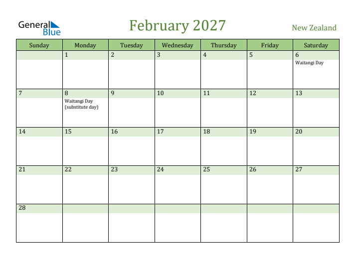 February 2027 Calendar with New Zealand Holidays