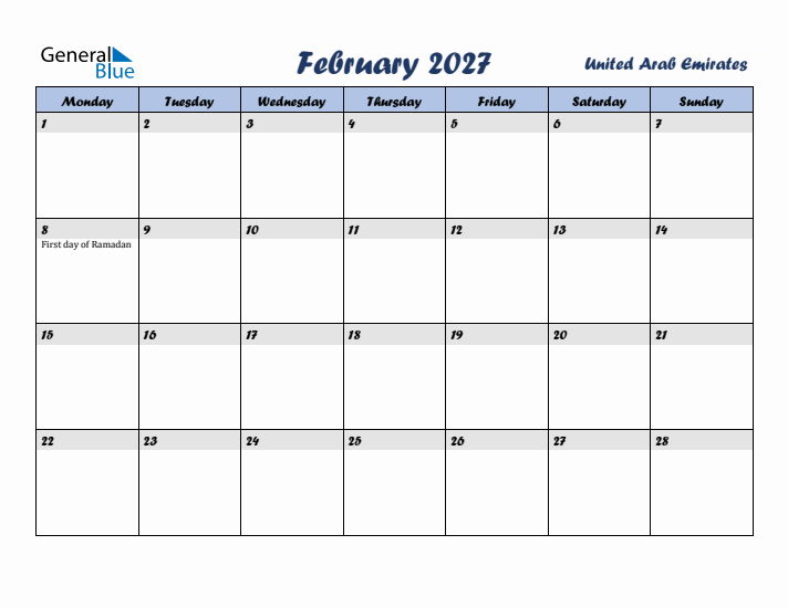 February 2027 Calendar with Holidays in United Arab Emirates