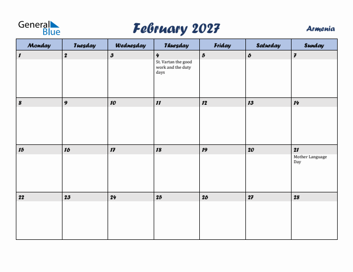 February 2027 Calendar with Holidays in Armenia