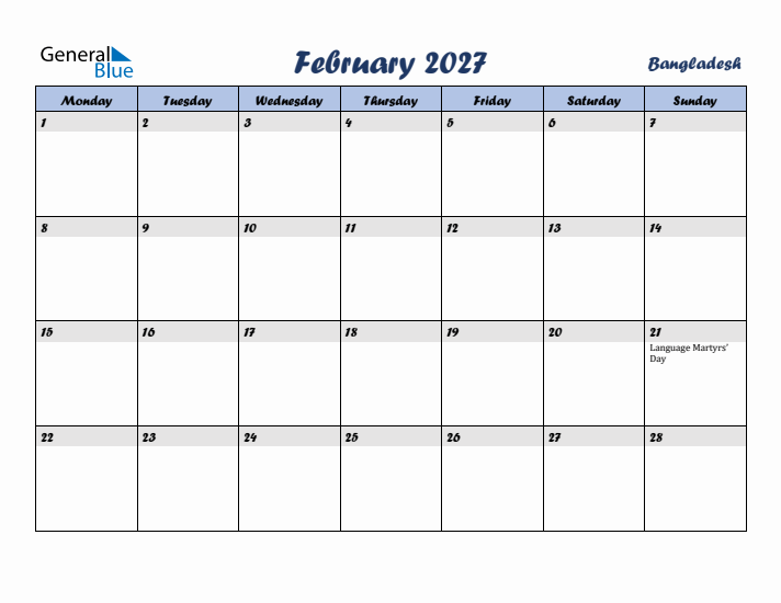 February 2027 Calendar with Holidays in Bangladesh