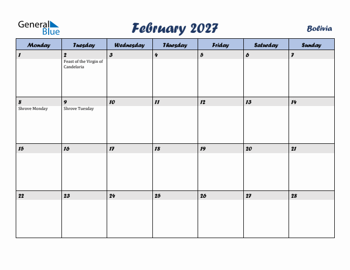 February 2027 Calendar with Holidays in Bolivia