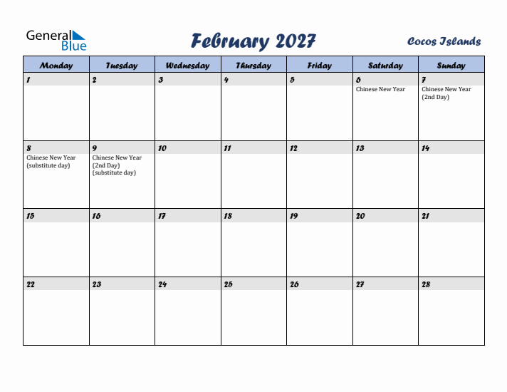 February 2027 Calendar with Holidays in Cocos Islands